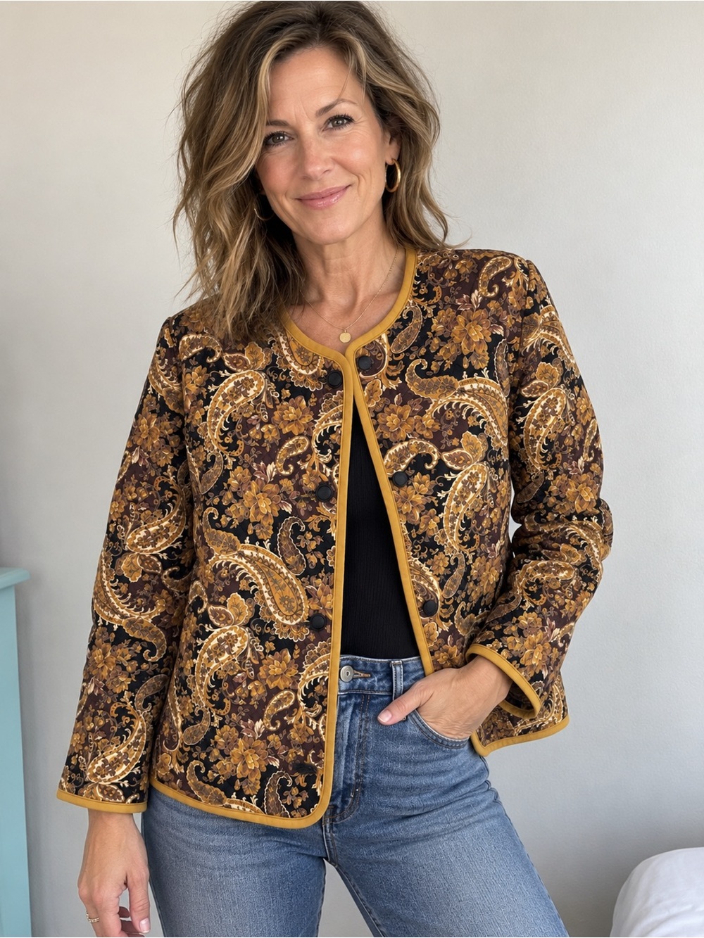 Paisley Floral Quilted Jacket Gold Brown Black Button Front